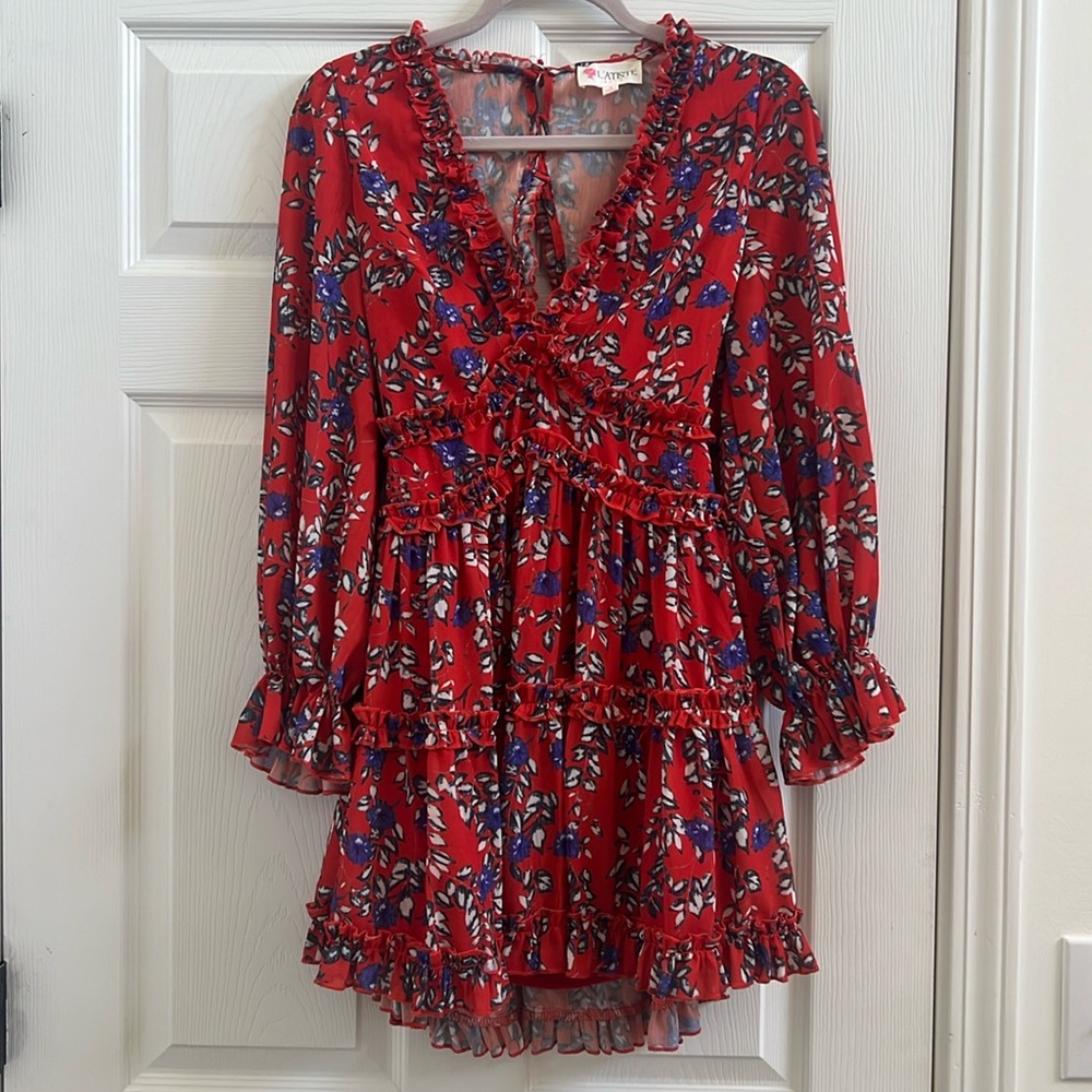 Red with blue flowers mini dress